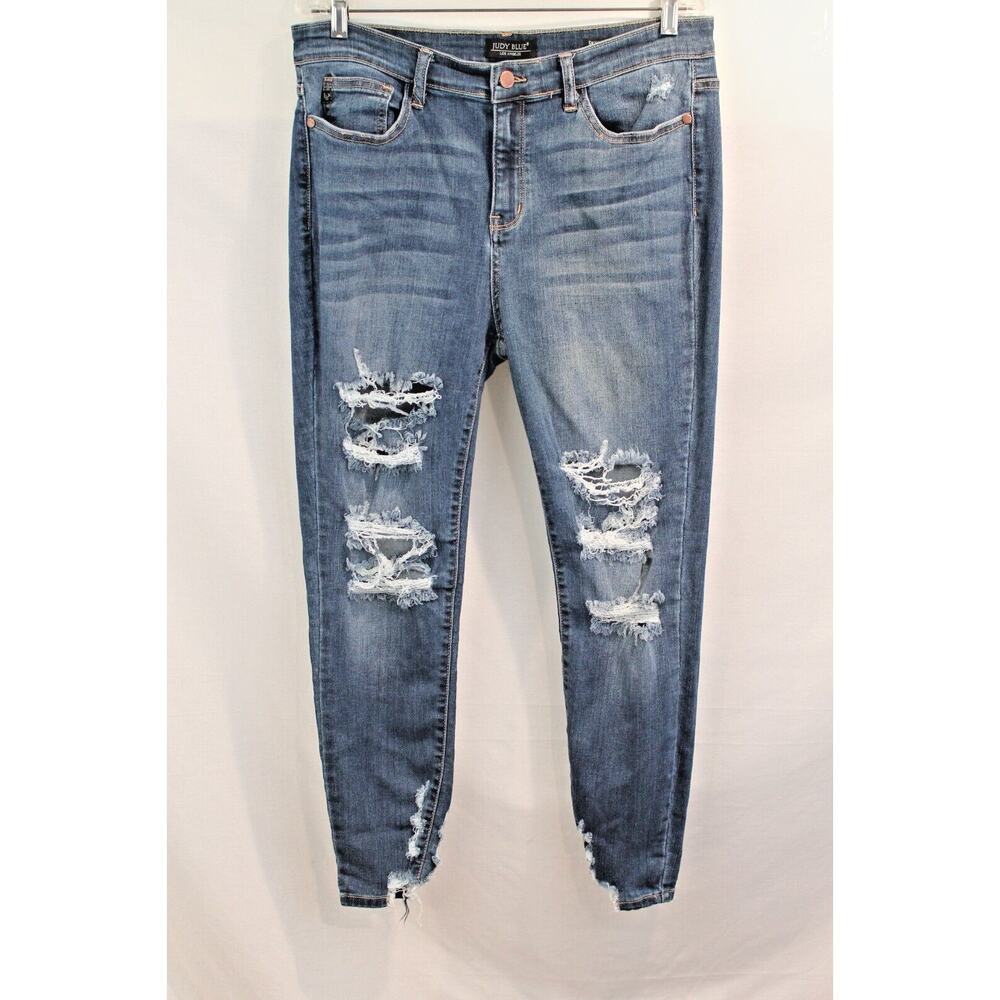 Judy Blue Destroyed Skinny Fit Jeans size 32 Blue Denim Stretch Stagger Hem